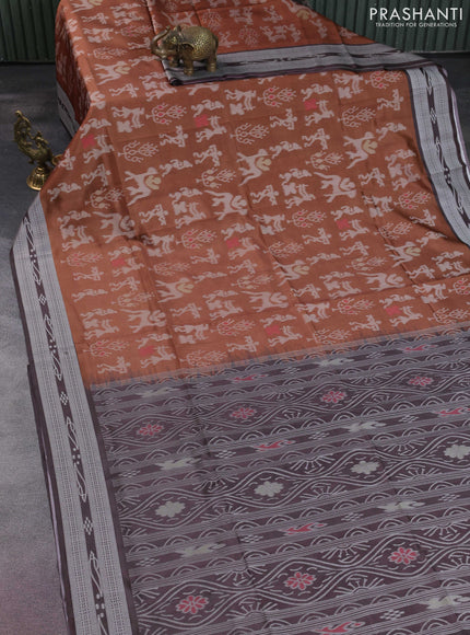 Sambalpuri semi silk saree brown and coffee brown with allover warli ikat weaves and thread woven border