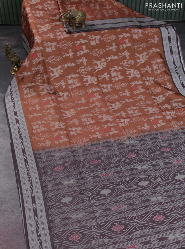 Sambalpuri semi silk saree brown and coffee brown with allover warli ikat weaves and thread woven border