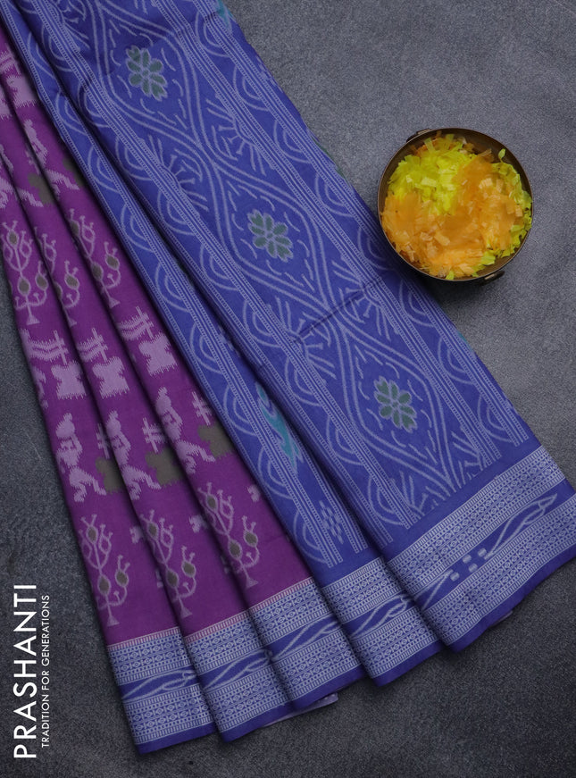 Sambalpuri semi silk saree purple shade and blue with allover warli ikat weaves and thread woven border