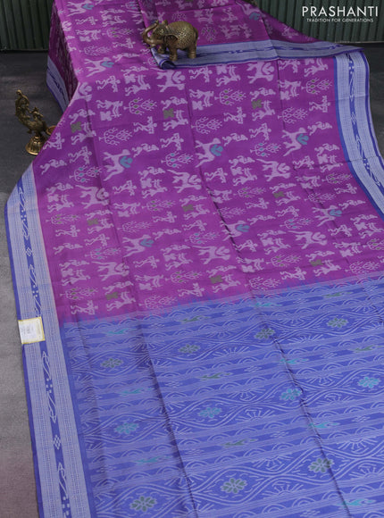 Sambalpuri semi silk saree purple shade and blue with allover warli ikat weaves and thread woven border