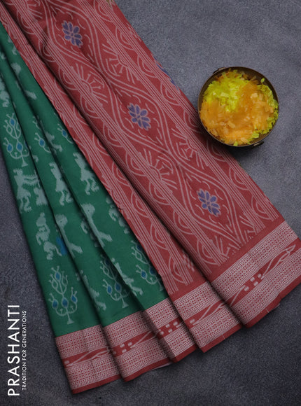 Sambalpuri semi silk saree green and rust shade with allover warli ikat weaves and thread woven border