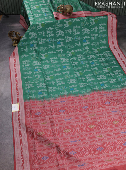 Sambalpuri semi silk saree green and rust shade with allover warli ikat weaves and thread woven border