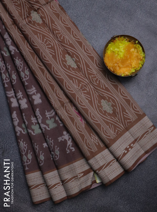 Sambalpuri semi silk saree brown with allover warli ikat weaves and thread woven border