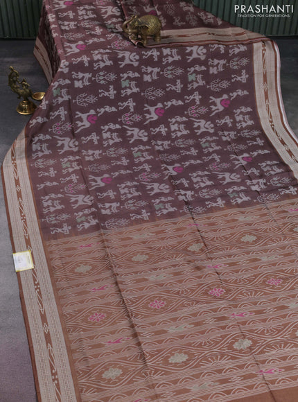 Sambalpuri semi silk saree brown with allover warli ikat weaves and thread woven border