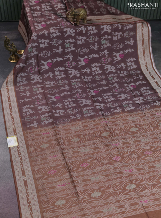 Sambalpuri semi silk saree brown with allover warli ikat weaves and thread woven border