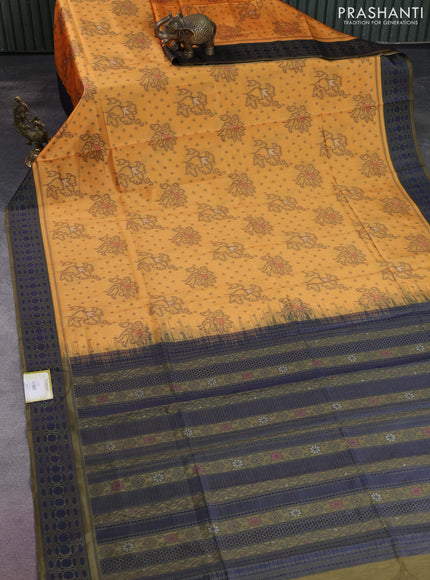 Sambalpuri semi silk saree mango yellow and sap green with allover ikat weaves and thread woven border