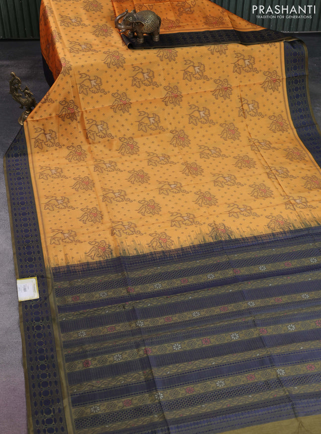 Sambalpuri semi silk saree mango yellow and sap green with allover ikat weaves and thread woven border