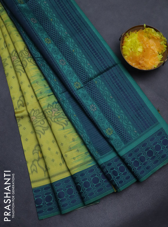 Sambalpuri semi silk saree lime yellow and green with allover ikat weaves and thread woven border