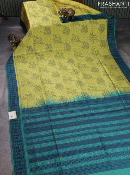 Sambalpuri semi silk saree lime yellow and green with allover ikat weaves and thread woven border