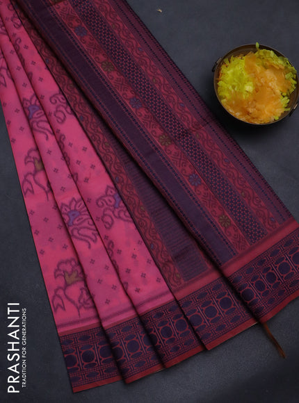 Sambalpuri semi silk saree candy pink and blue with allover ikat weaves and thread woven border