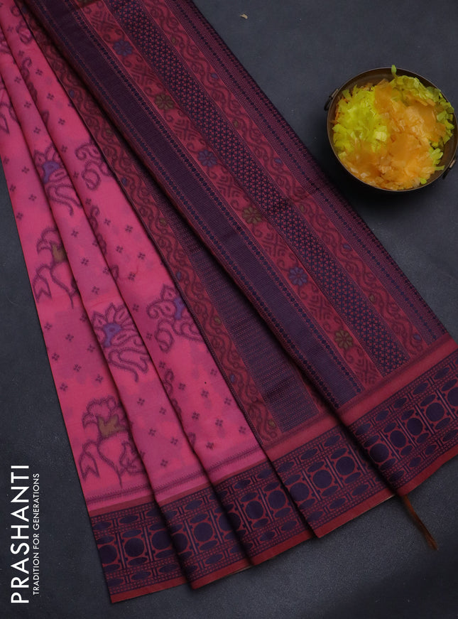 Sambalpuri semi silk saree candy pink and blue with allover ikat weaves and thread woven border