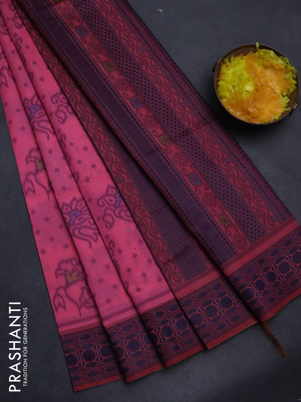 Sambalpuri semi silk saree candy pink and blue with allover ikat weaves and thread woven border