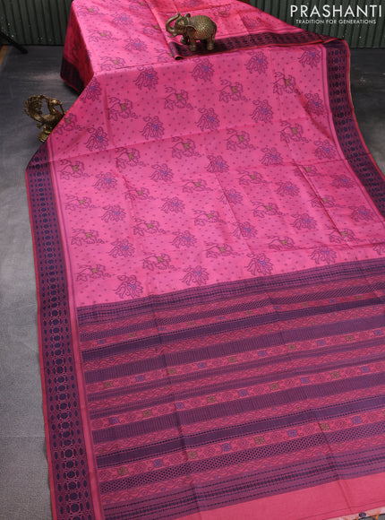 Sambalpuri semi silk saree candy pink and blue with allover ikat weaves and thread woven border