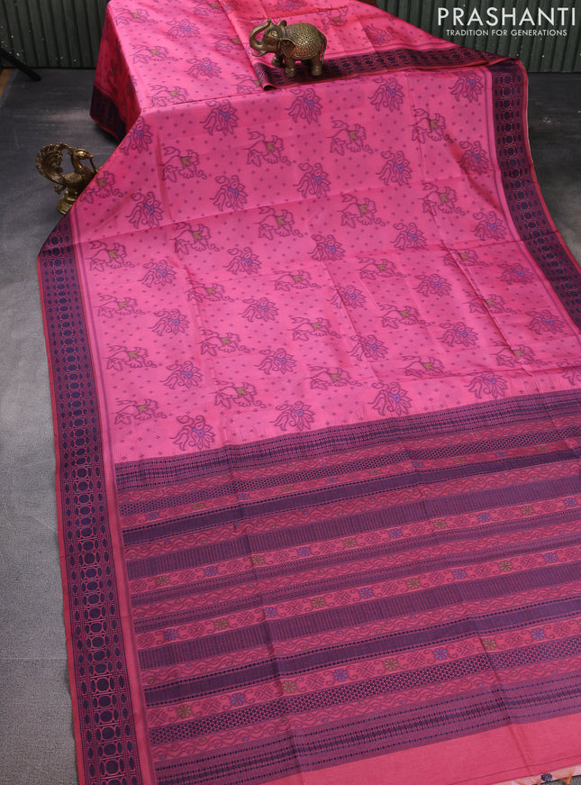Sambalpuri semi silk saree candy pink and blue with allover ikat weaves and thread woven border