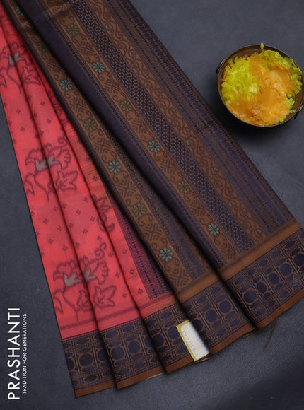 Sambalpuri semi silk saree peach pink and dark sandal with allover ikat weaves and thread woven border