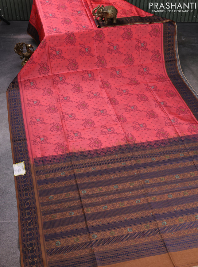 Sambalpuri semi silk saree peach pink and dark sandal with allover ikat weaves and thread woven border