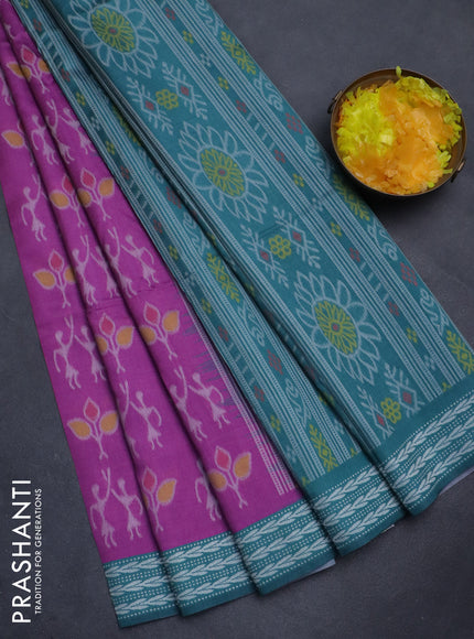 Sambalpuri semi silk saree purple and teal green with allover ikat weaves and thread woven border