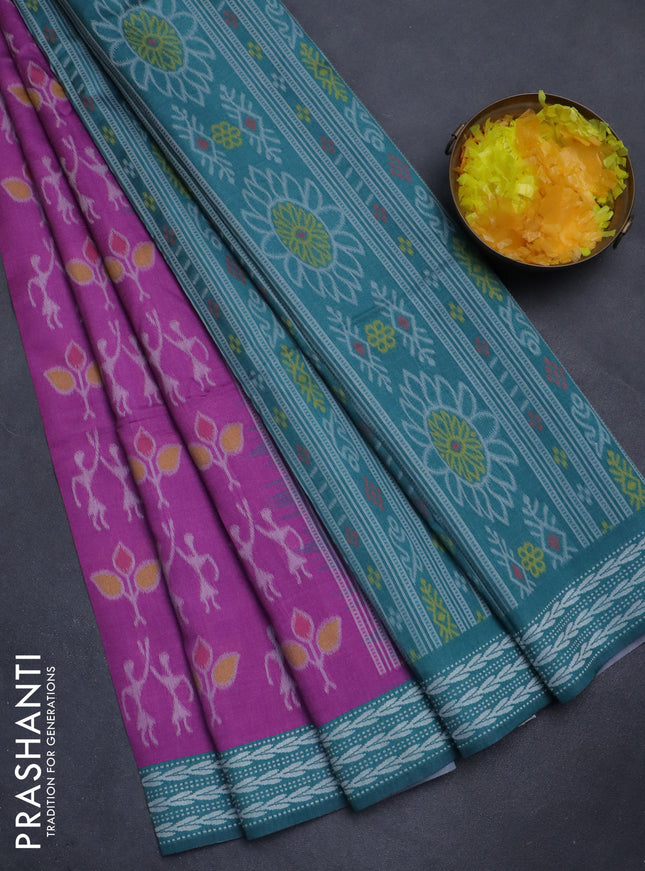 Sambalpuri semi silk saree purple and teal green with allover ikat weaves and thread woven border