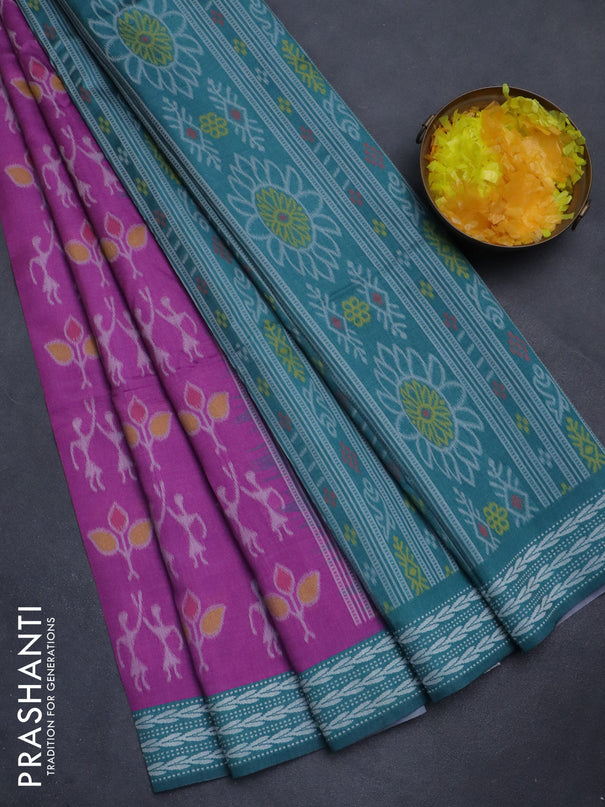 Sambalpuri semi silk saree purple and teal green with allover ikat weaves and thread woven border