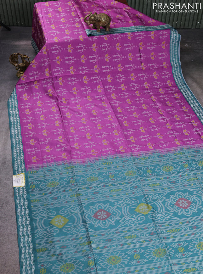 Sambalpuri semi silk saree purple and teal green with allover ikat weaves and thread woven border