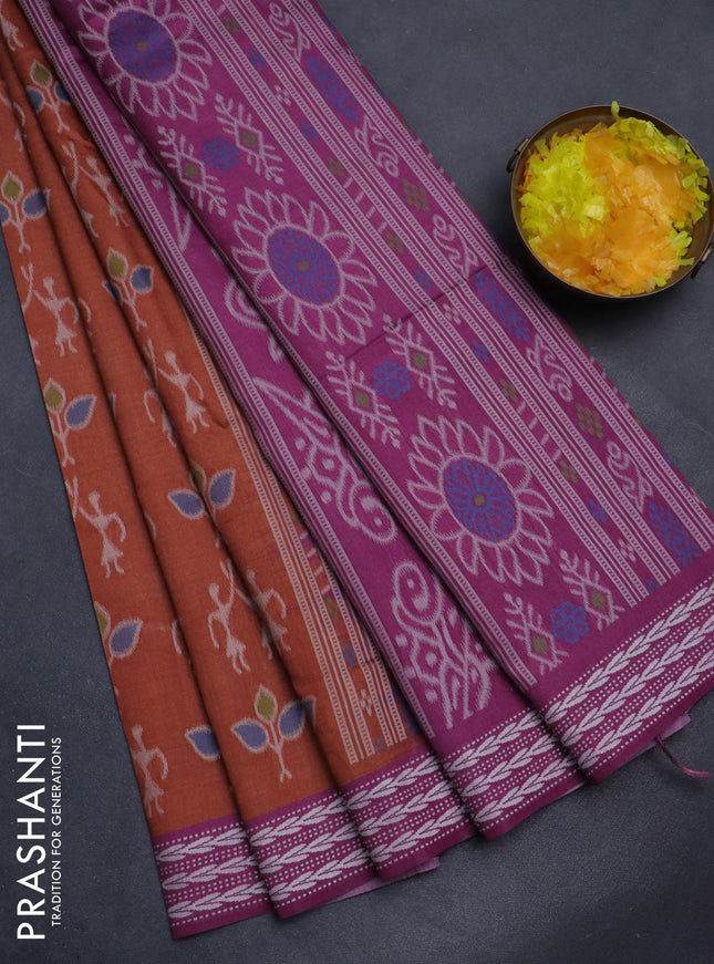 Sambalpuri semi silk saree rust shade and purple with allover ikat weaves and thread woven border