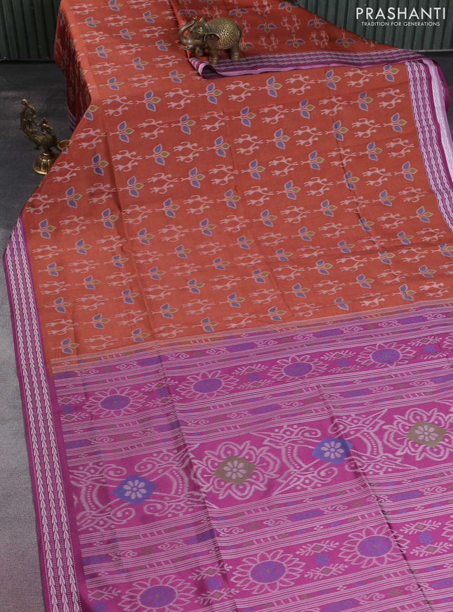 Sambalpuri semi silk saree rust shade and purple with allover ikat weaves and thread woven border