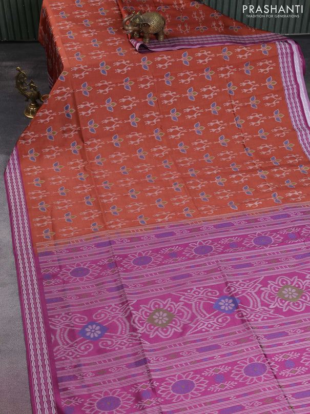 Sambalpuri semi silk saree rust shade and purple with allover ikat weaves and thread woven border