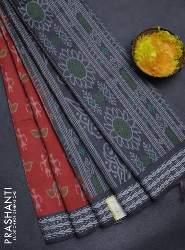 Sambalpuri semi silk saree rustic orange and grey with allover ikat weaves and thread woven border