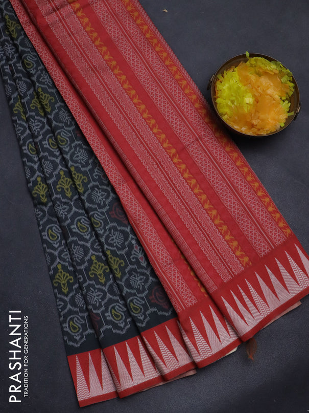 Sambalpuri semi silk saree elephant grey and red shade with allover ikat weaves and thread woven border