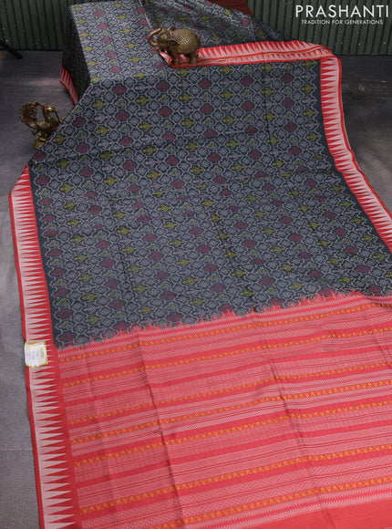 Sambalpuri semi silk saree elephant grey and red shade with allover ikat weaves and thread woven border