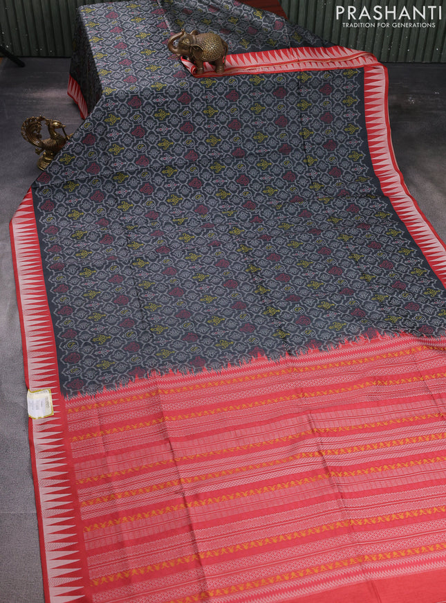Sambalpuri semi silk saree elephant grey and red shade with allover ikat weaves and thread woven border