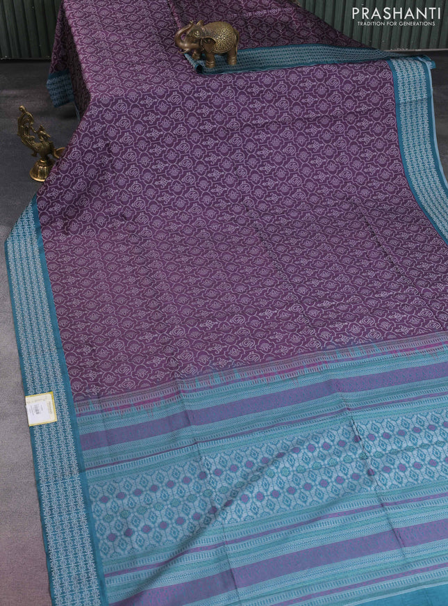 Sambalpuri semi silk saree wine shade and peacock green with allover ikat weaves and thread woven border