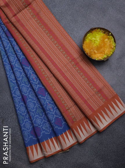 Sambalpuri semi silk saree blue and orange with allover ikat weaves and thread woven border