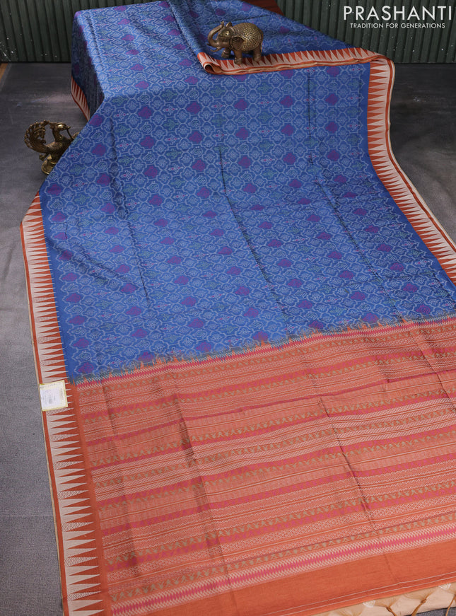 Sambalpuri semi silk saree blue and orange with allover ikat weaves and thread woven border