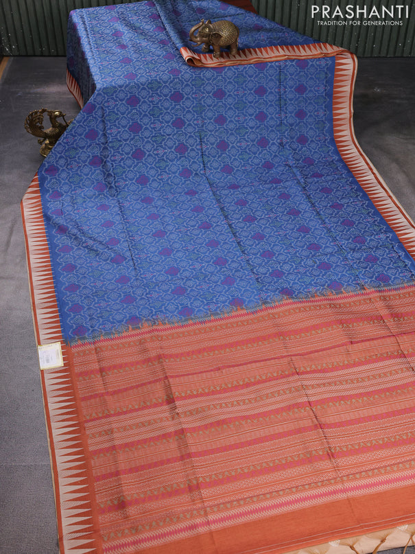 Sambalpuri semi silk saree blue and orange with allover ikat weaves and thread woven border