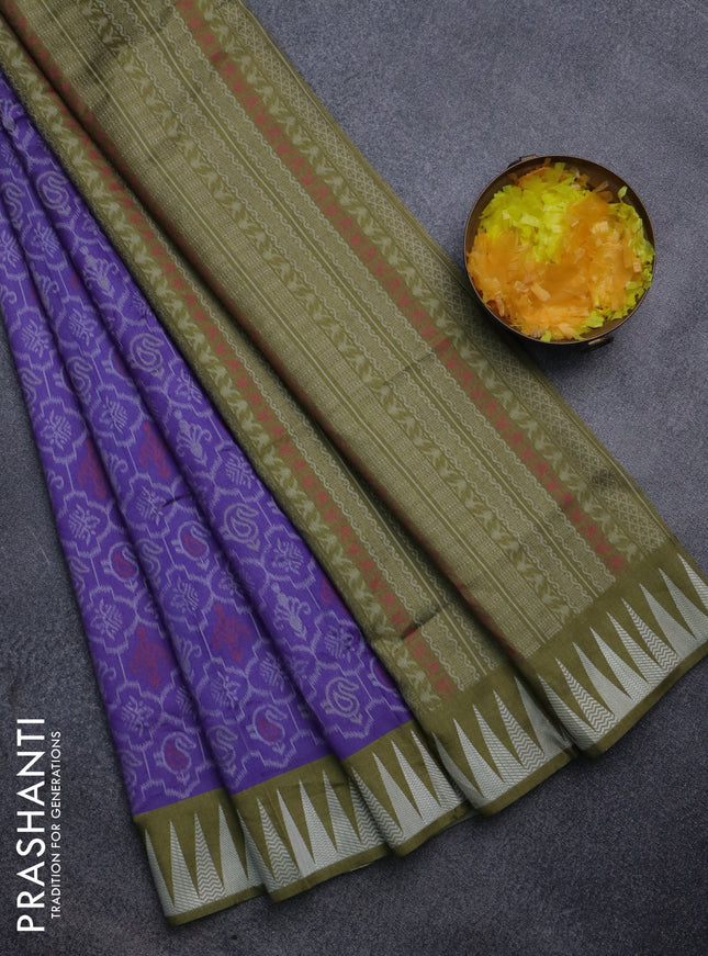 Sambalpuri semi silk saree violet and mehendi green with allover ikat weaves and thread woven border