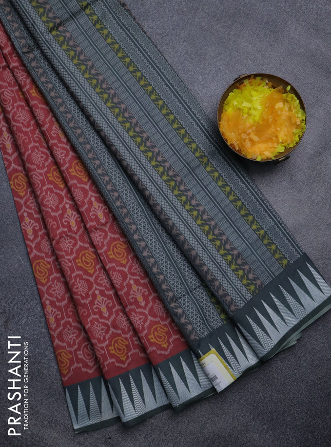 Sambalpuri semi silk saree rust shade and greyish green with allover ikat weaves and thread woven border