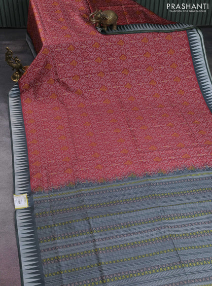 Sambalpuri semi silk saree rust shade and greyish green with allover ikat weaves and thread woven border