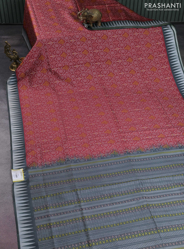 Sambalpuri semi silk saree rust shade and greyish green with allover ikat weaves and thread woven border