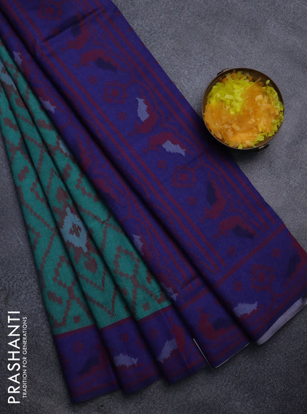 Sambalpuri semi silk saree green and blue with allover ikat weaves and thread woven border