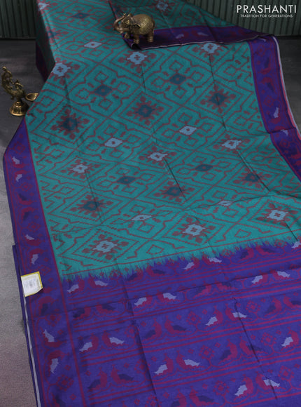 Sambalpuri semi silk saree green and blue with allover ikat weaves and thread woven border