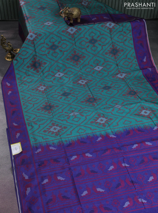Sambalpuri semi silk saree green and blue with allover ikat weaves and thread woven border