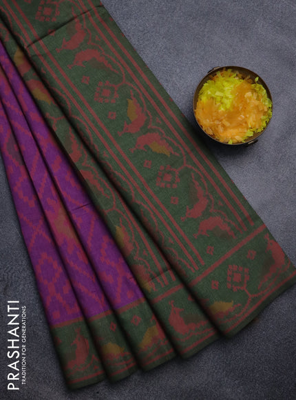 Sambalpuri semi silk saree purple and sap green with allover ikat weaves and thread woven border