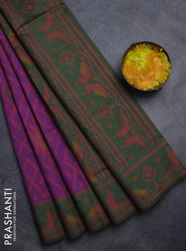 Sambalpuri semi silk saree purple and sap green with allover ikat weaves and thread woven border