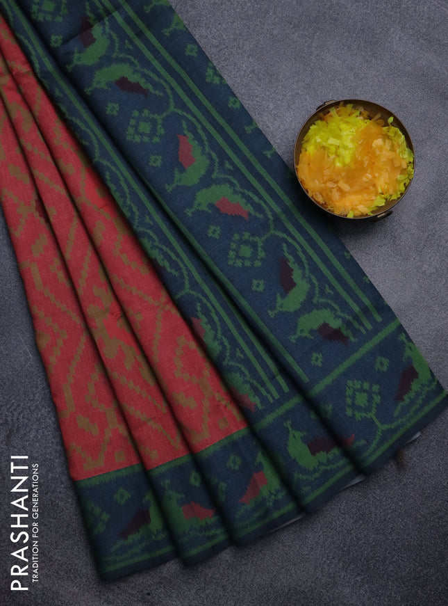 Sambalpuri semi silk saree red shade and elephant grey with allover ikat weaves and thread woven border