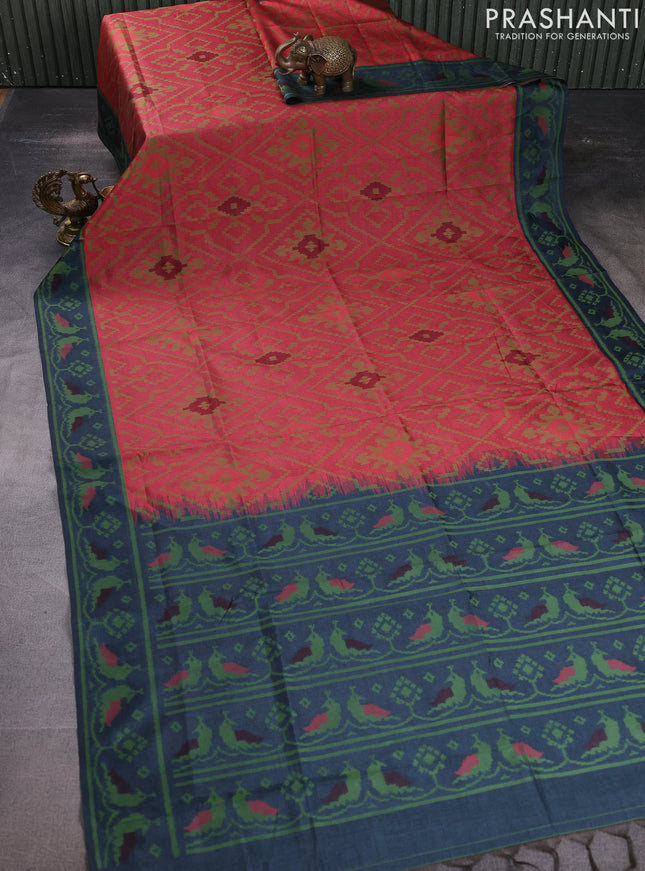 Sambalpuri semi silk saree red shade and elephant grey with allover ikat weaves and thread woven border