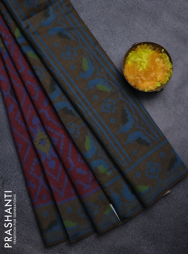 Sambalpuri semi silk saree maroon and sap green with allover ikat weaves and thread woven border