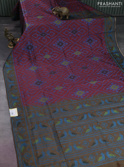 Sambalpuri semi silk saree maroon and sap green with allover ikat weaves and thread woven border