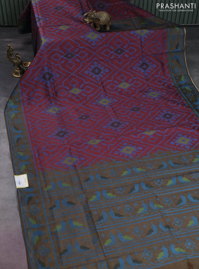 Sambalpuri semi silk saree maroon and sap green with allover ikat weaves and thread woven border