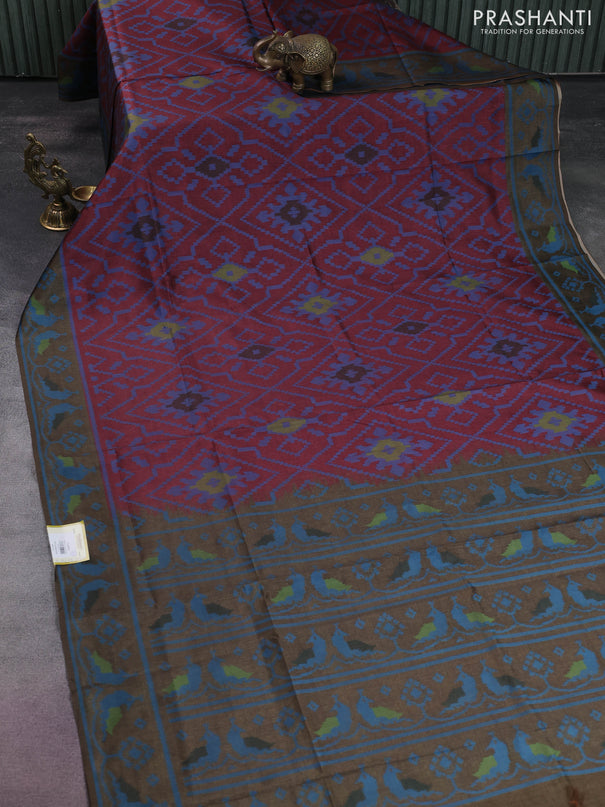 Sambalpuri semi silk saree maroon and sap green with allover ikat weaves and thread woven border